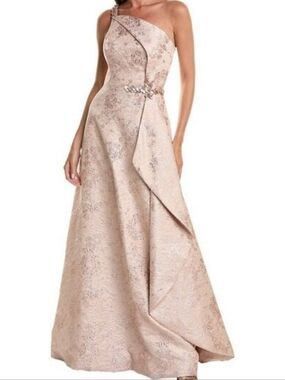 Teri Jon by Rickie Freeman Metallic Jacquard Cascade Side Gown In Pink Size 6